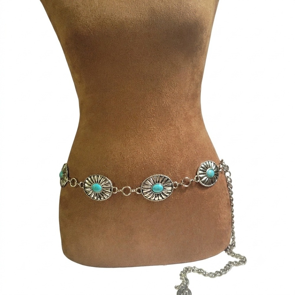 Silver Faux Turquoise Concho Chain Belt Adjustable 36‎ Inch Western Cowgirl